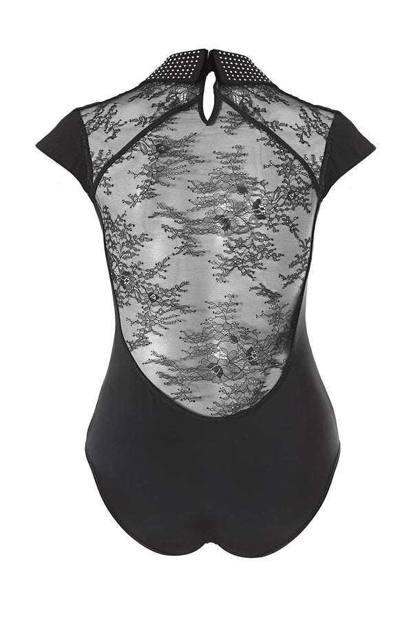 Anastazia collar bodysuit with Swarovski crystals and sheer lace back. 