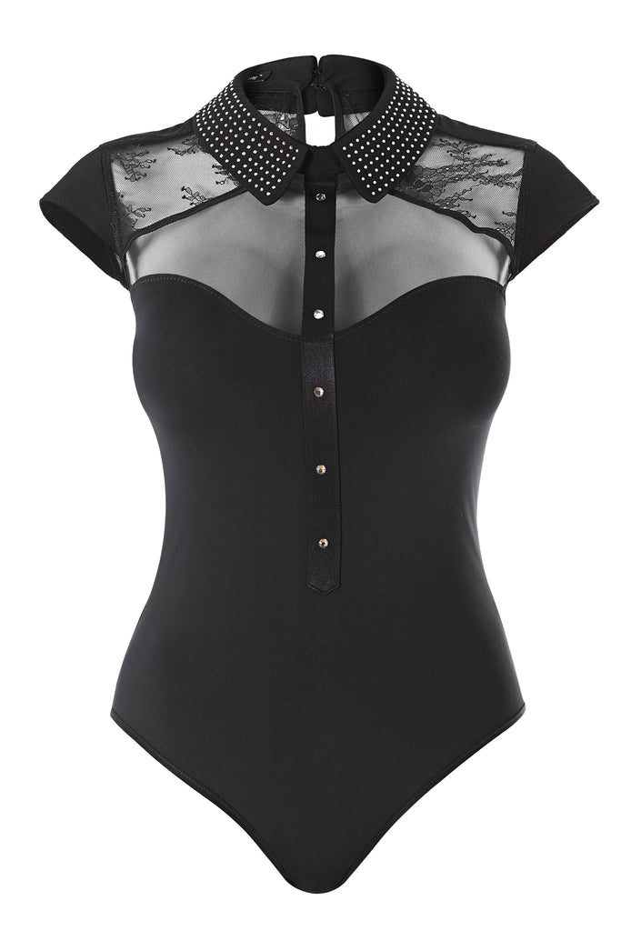 Anastazia designer bodysuit with Swarovski crystal collar,  luxury lingerie by Tatu Couture