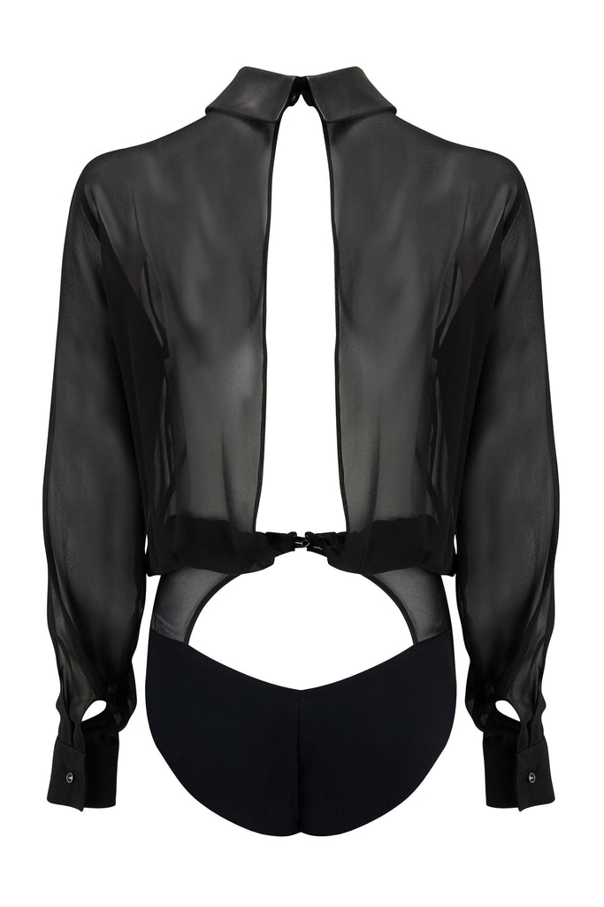Lula Black bodysuit blouse open back detail, in sheer black silk georgette