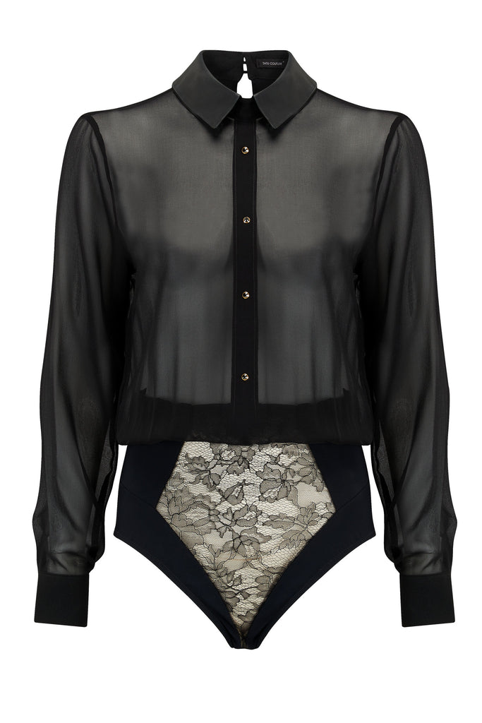 Lula Black sheer bodysuit blouse in black silk with luxury lace brief and crystal detailing