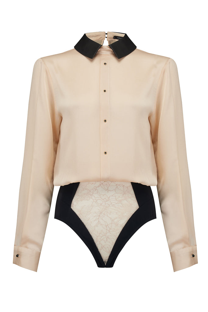 Lula Blush sheer bodysuit blouse in cream silk with luxury lace brief