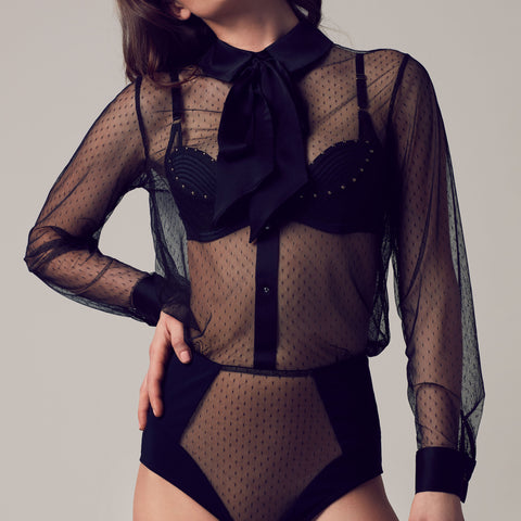Nico sheer black bodysuit blouse with removable pussy bow