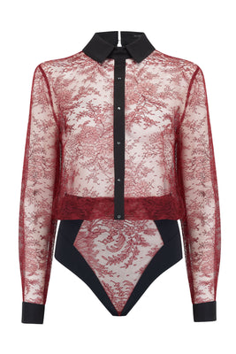Celine luxury red lace bodysuit blouse with contrast black silk collar 