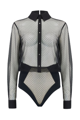 Nico sheer black bodysuit blouse, worn without removable pussy bow collar