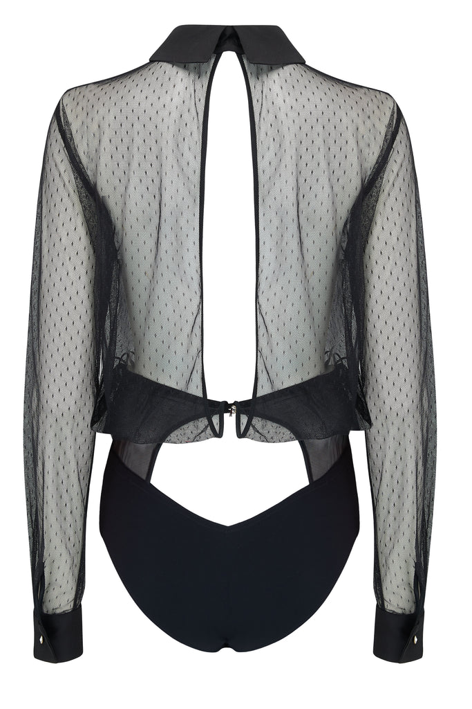 Nico sheer black blouse bodysuit, open back detail