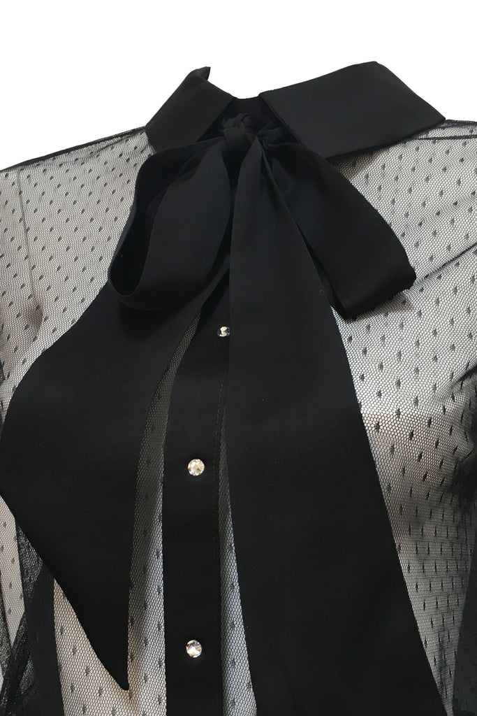 Nico sheer black bodysuit blouse pussy bow collar detail