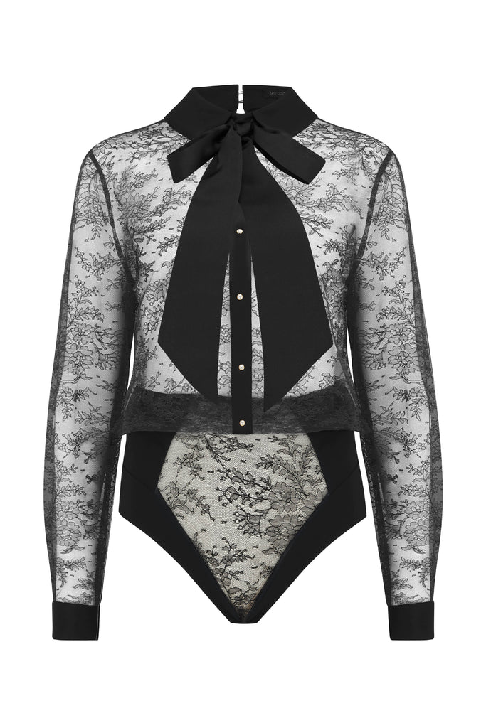 Melania luxury black lace bodysuit blouse worn without removable pussy bow tie