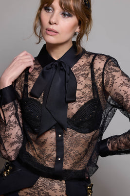 Melania pussy bow lace bodysuit blouse in luxury black lace