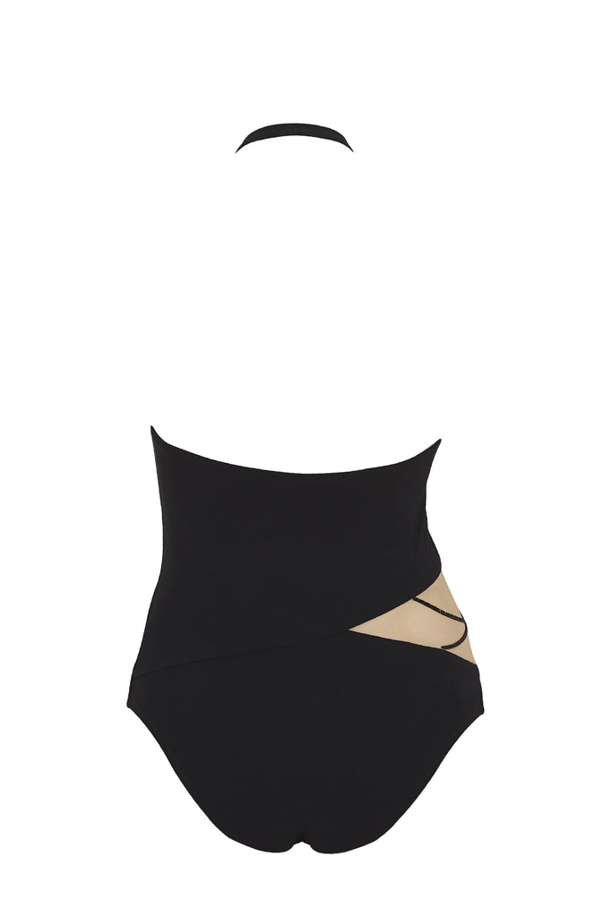Designer black one piece swimsuit featuring Swarovski crystals