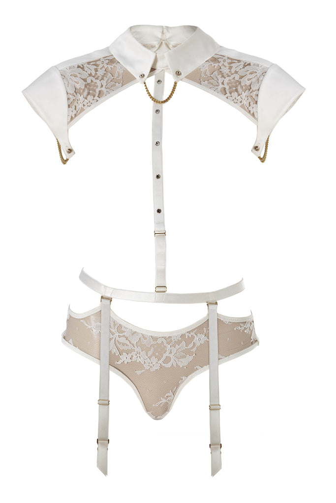 Nadya Collar and fashion body harness with detachable lace thong and suspenders