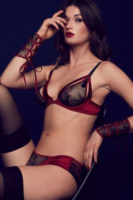 Luxury ouvert bra in sheer black lace and deep red satin, part of Odette high end seductive lingerie collection