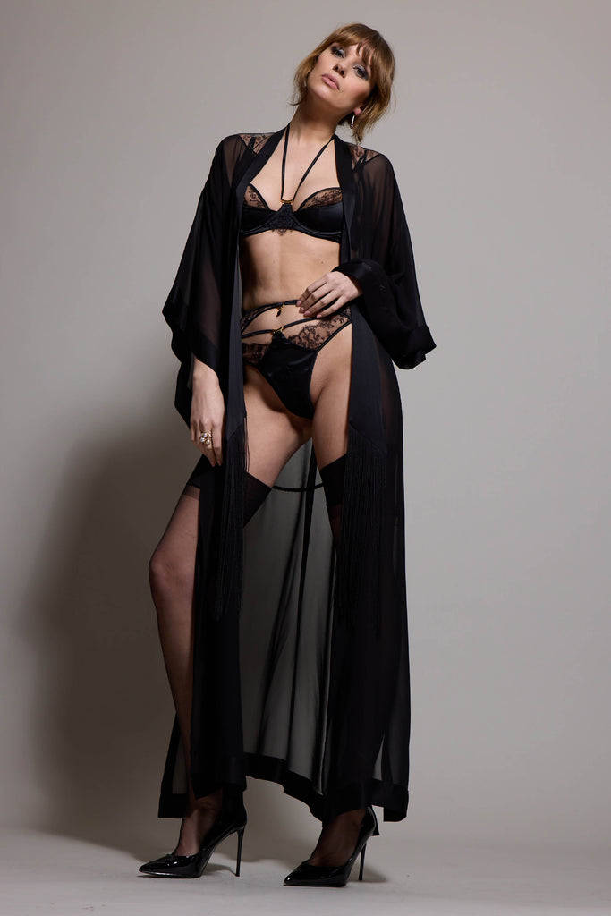 Rosalia luxury black silk kimono with sheer lace back and rope tie belt 