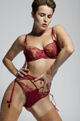Rosalia Balcony luxury Underwired red lace bra with matching red lace suspender 
