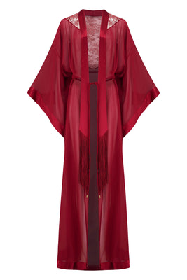 Rosalia red kimono robe with sheer French leavers lace back 