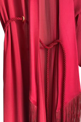 Rosalia luxury red sheer robe with rope tie belt and fringing detail 