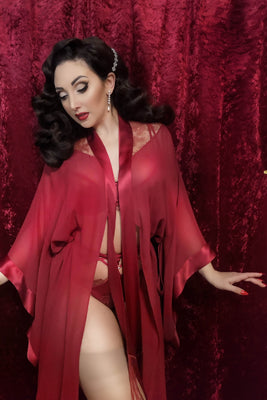 Rosalia red sheer silk kimono with red lace lingerie