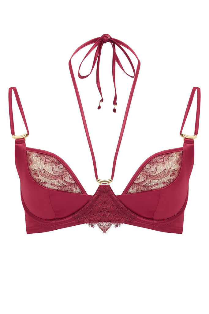 Rosalia red luxury bra with detachable halter neck and crystal pendant detail