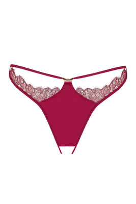 Red lace ouvert back brief with luxury lace panels and crotchless gusset