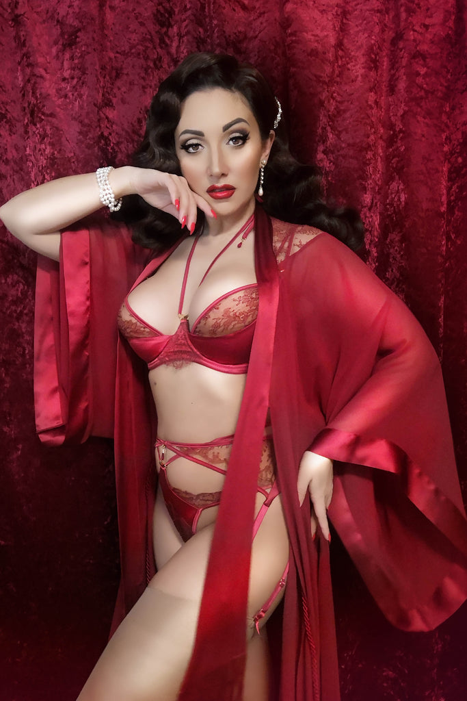 Rosalia red lace bra with detachable halter neck worn with the silk red robe