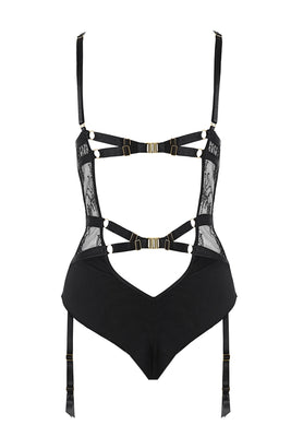 Black lace designer bodysuit with Brazilian thong back, made in the UK by Tatu Couture Luxury Lingerie