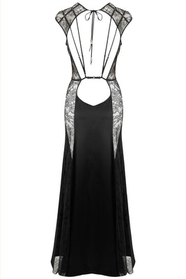 Back strapping detail on Xena Black lace sheer lingerie gown