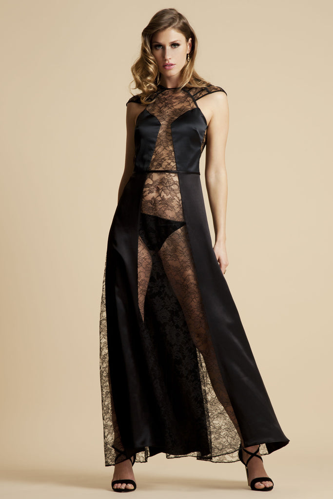 Sheer black lace lingerie gown in silk and high end lace by Tatu Couture Luxury Lingerie