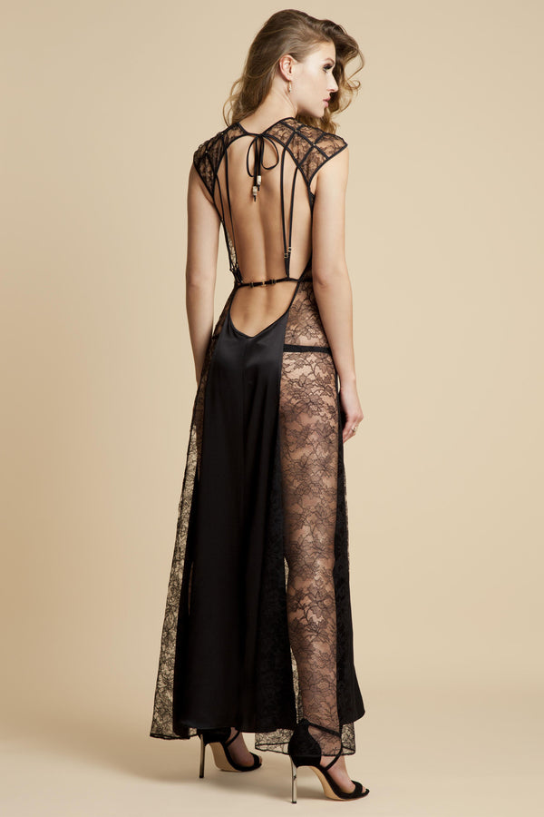 Sheer black lace gown with silk and open back by Tatu Couture Luxury Lingerie