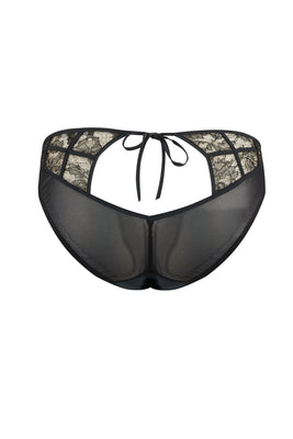 Sheer black ouvert back brief with luxury lace panels and tie detail