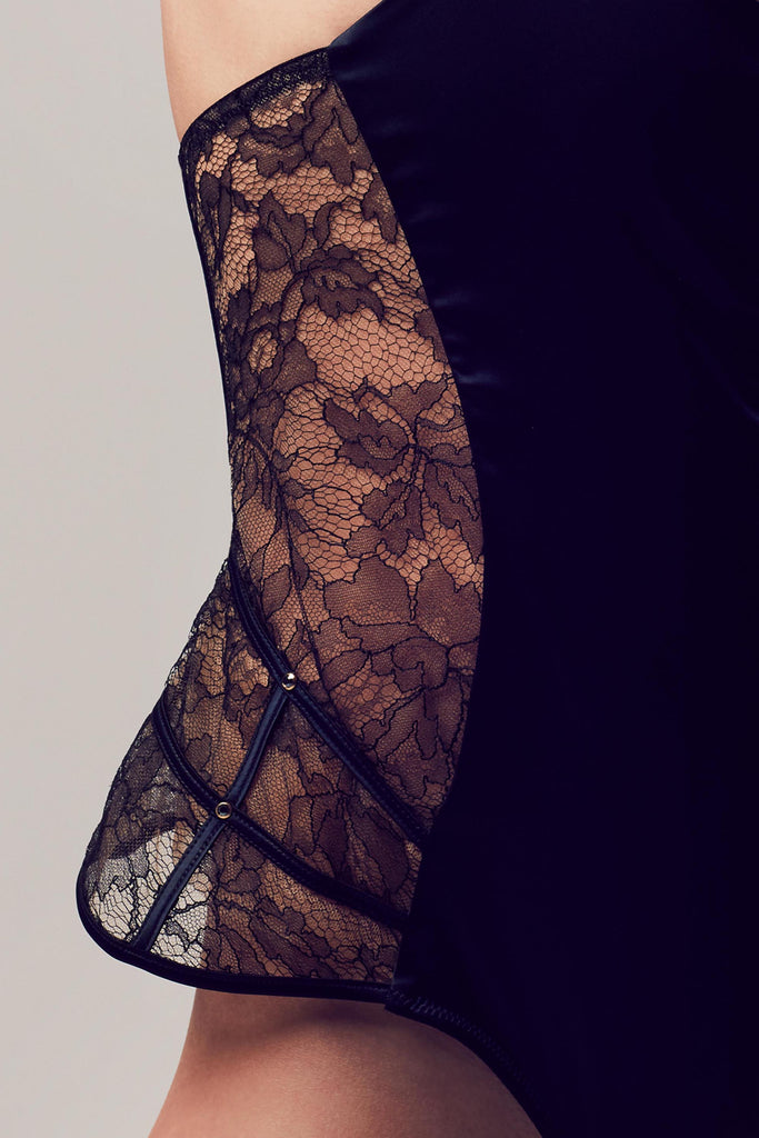Sheer black lace detail on Xena Black designer playsuit by Tatu Couture Luxury Lingerie 