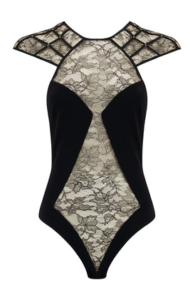 Luxury bodysuit in black lace, designed by Tatu Couture Lingerie