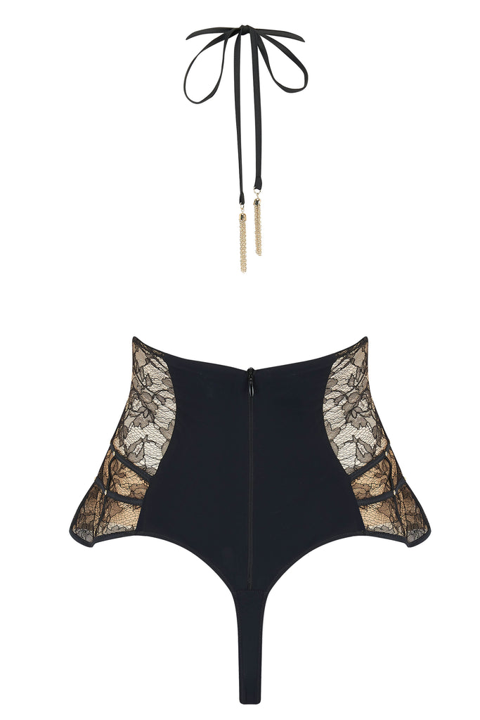 Luxury black thong designer bodysuit with gold chain tie and sheer lace by Tatu Couture