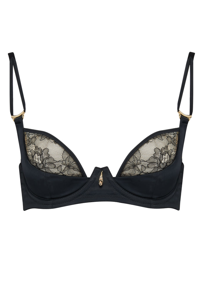  Luxury plunge bra in sheer black lace and high end satin with crystal pendant by Tatu Couture Luxury Lingerie