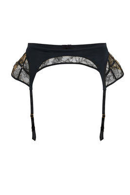 Luxury black lace suspender belt with sheer lace panels and satin by Tatu Couture Luxury Lingerie
