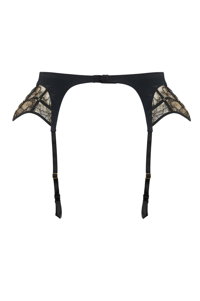 Xena Black lace and satin garter belt with hip panel details