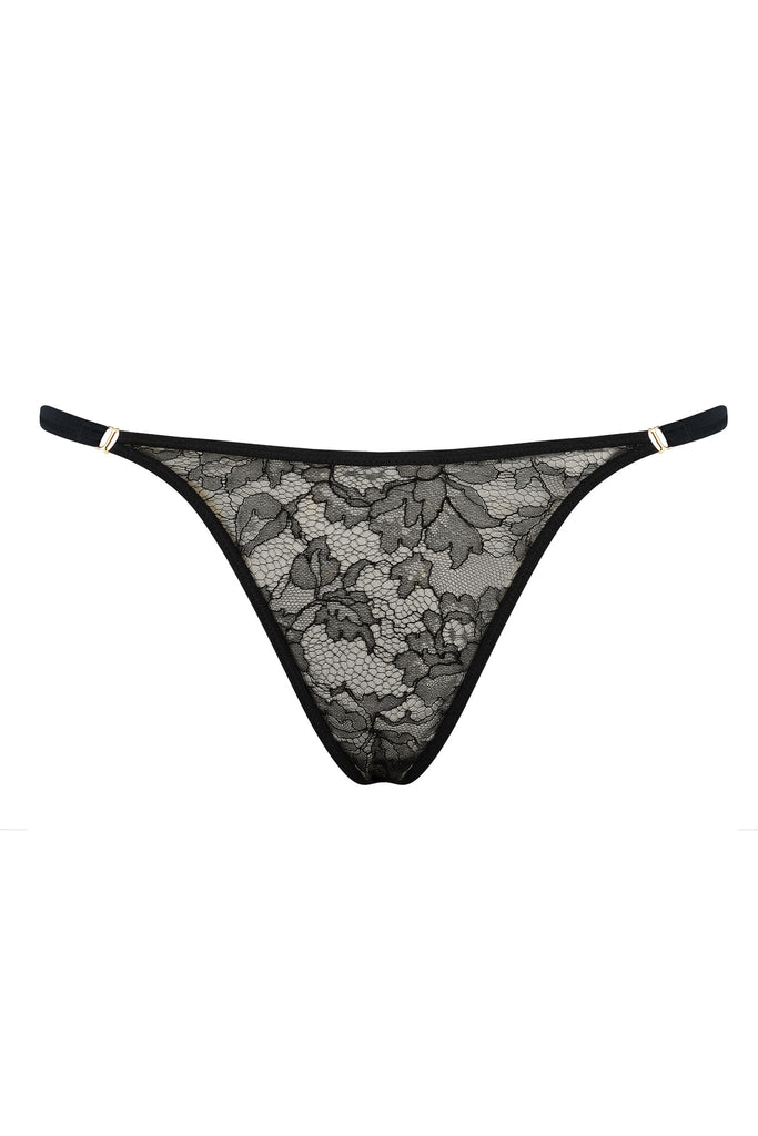 Sheer lace thong in luxury black lace, part of Xena Black designer erotic lingerie collection