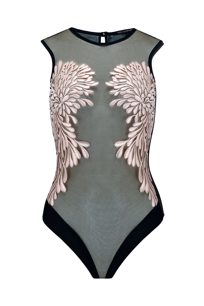 Gabriella designer black and Oyster bodysuit with floral placement embroidery 