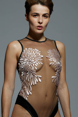Designer luxury embroidered bodysuit by Tatu Couture