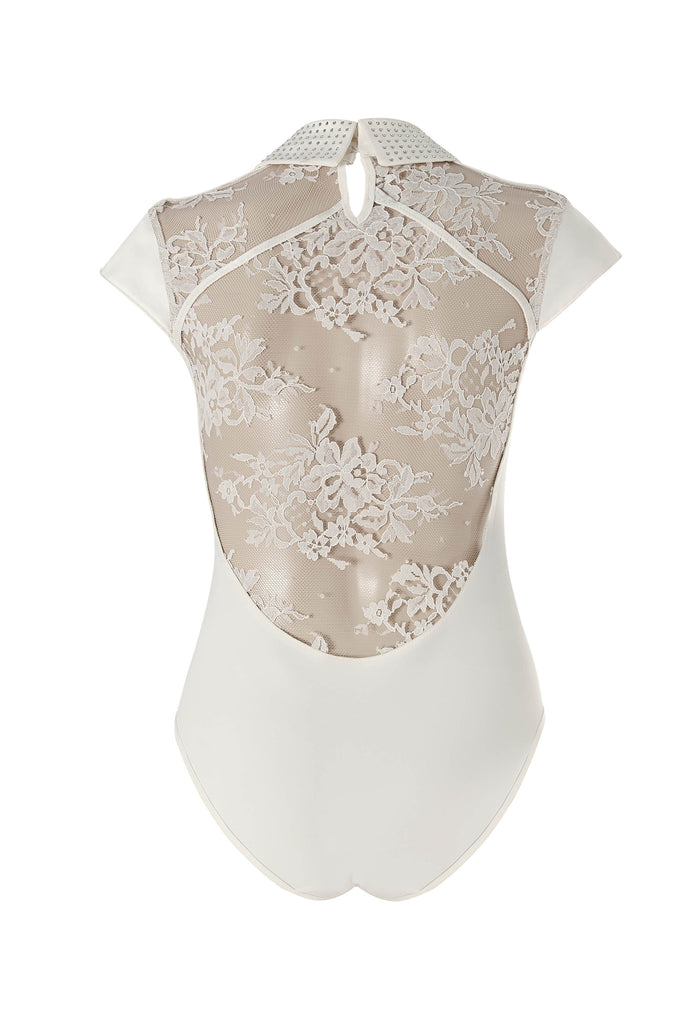 Nadya collar bodysuit with Swarovski crystals and couture lace back. 