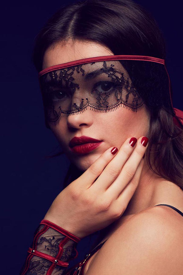 Odette lace eye mask / blindfold in luxury black lace with red satin