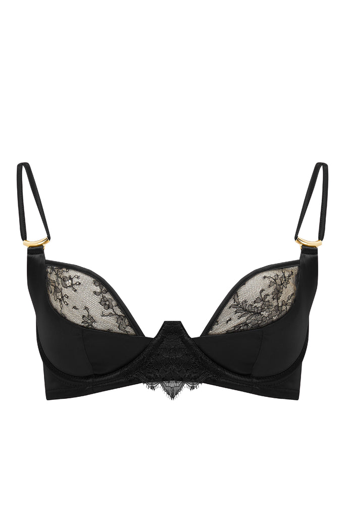 Rosalia plunge bra in sheer lace. High end designer lingerie by Tatu Couture