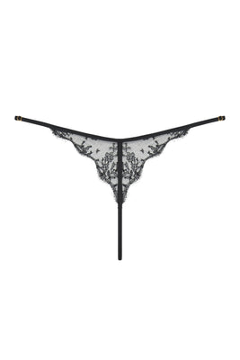 Sheer lace thong in black French leavers lace. Luxury high end lingerie by Tatu Couture 