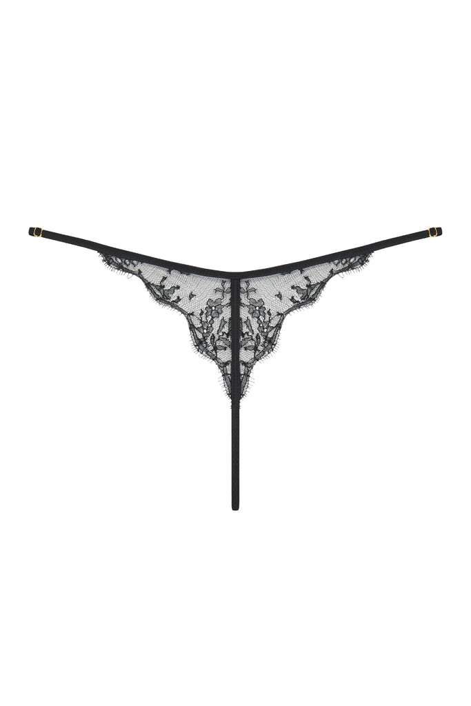 Sheer lace thong in black French leavers lace. Luxury high end lingerie by Tatu Couture 