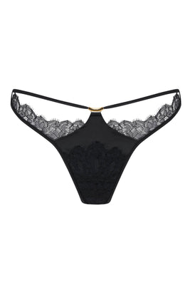 Rosalia black sheer lace thong with stretch satin. Part of the designer luxury lingerie collection
