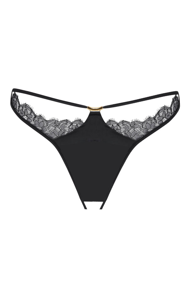 Sheer black ouvert back brief with luxury lace panels and crotchless gusset