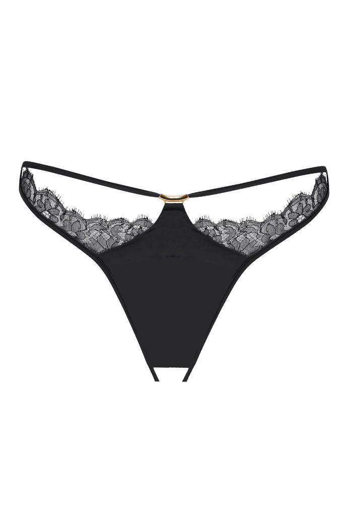 Sheer black ouvert back brief with luxury lace panels and crotchless gusset