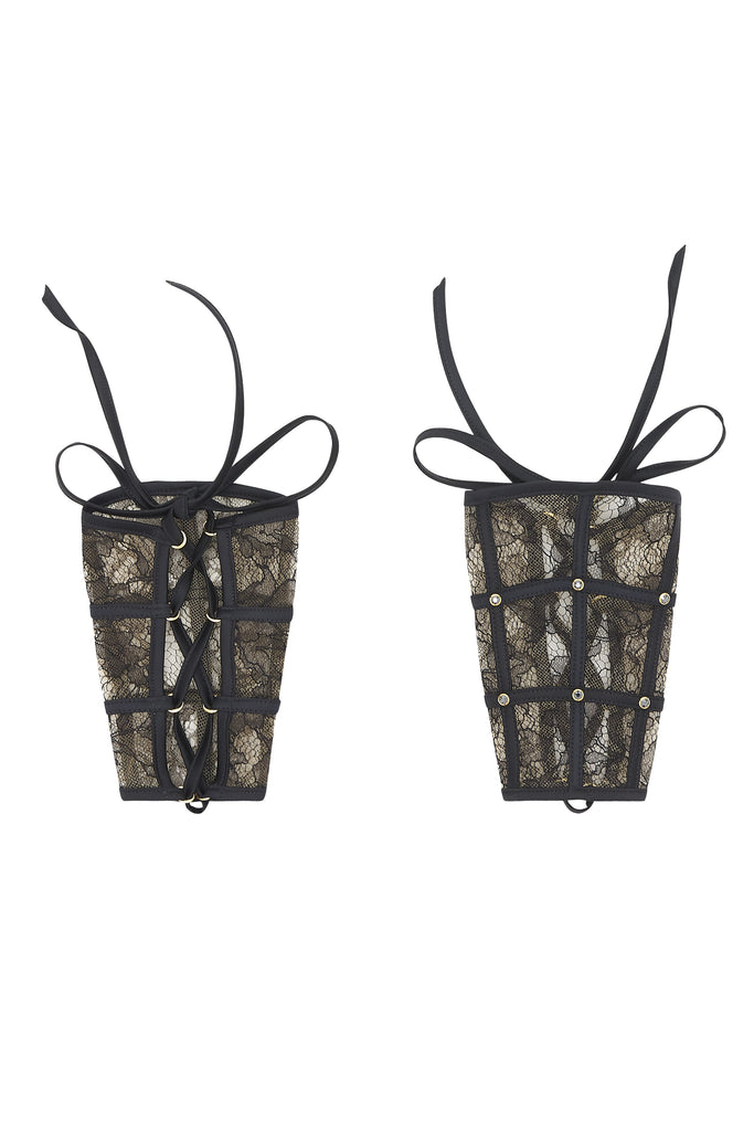 Xena Black lace cuffs, luxury bondage lingerie by Tatu Couture