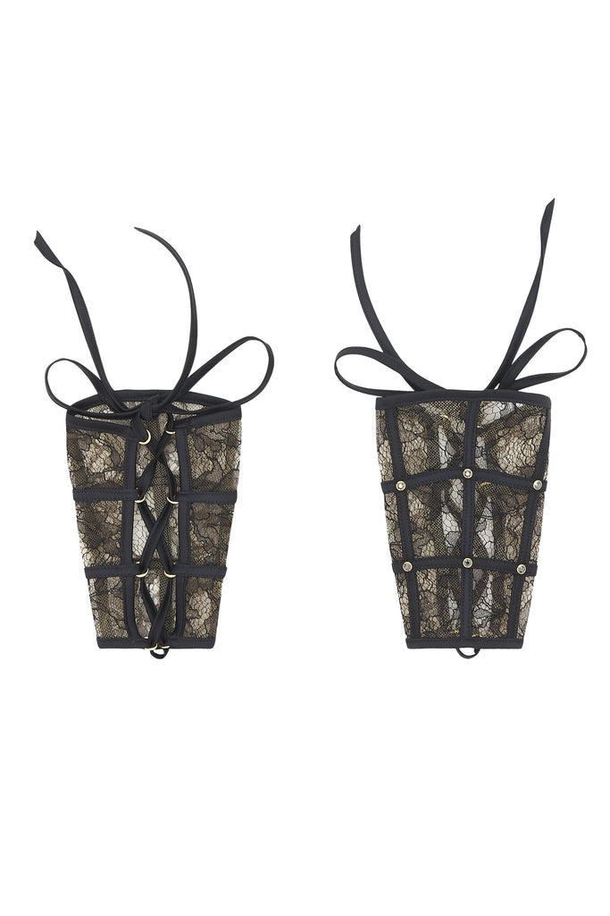 Xena Black lace cuffs, luxury bondage lingerie by Tatu Couture