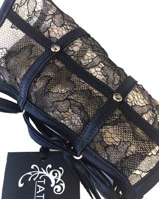 Black lace wrist cuffs with crystals by Tatu Couture Luxury Lingerie