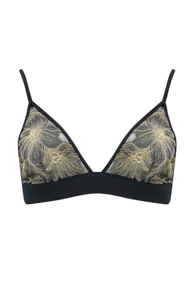 Ayako luxury lingerie collection, gold triangle bra with bespoke embroidery