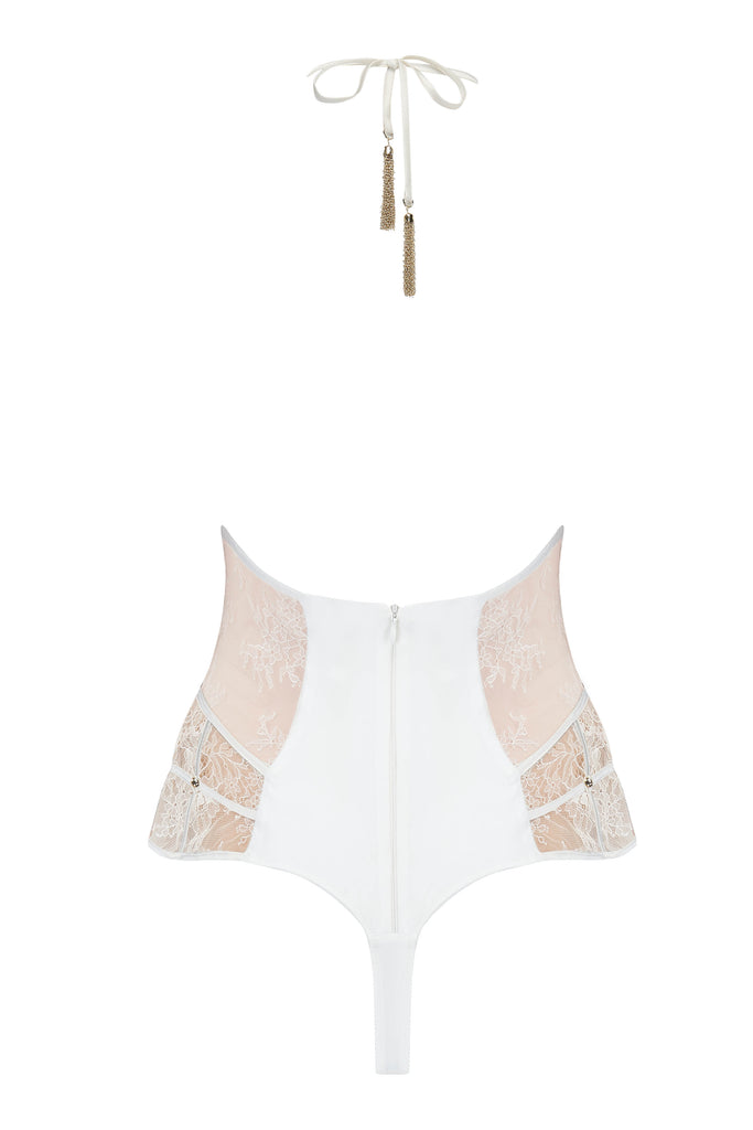 Luxury thong designer bodysuit with gold chain tie and sheer lace by Tatu Couture